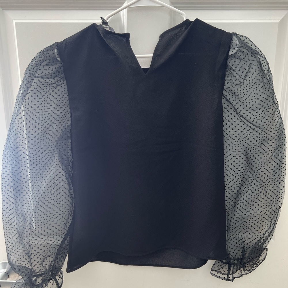 Express Black Top with Sheer Polka Dot Sleeves - Picture 2 of 5